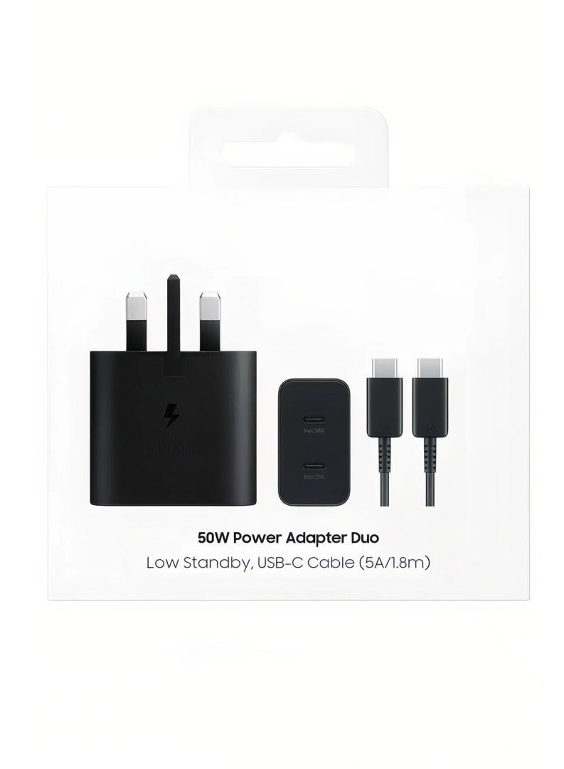 متوافق مع محول طاقة سامسونج 50 واط مزدوج مع كابل USB-C، منفذين 5A 1.8 متر، شحن سريع، 3 دبابيس، دعم الأجهزة المتعددة - أسود - Image 1